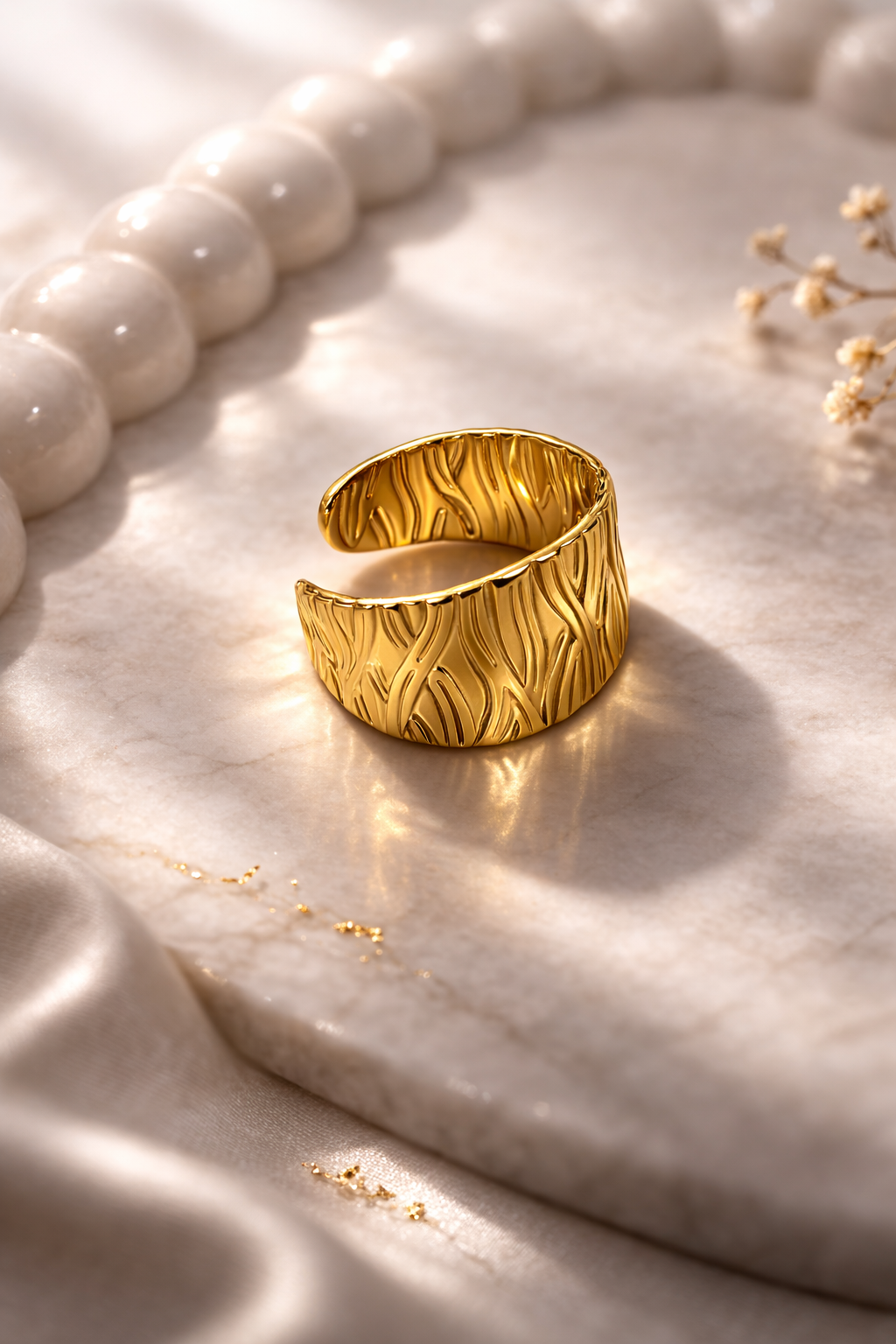 Wide Textured Statement Cuff - Adjustable Ring