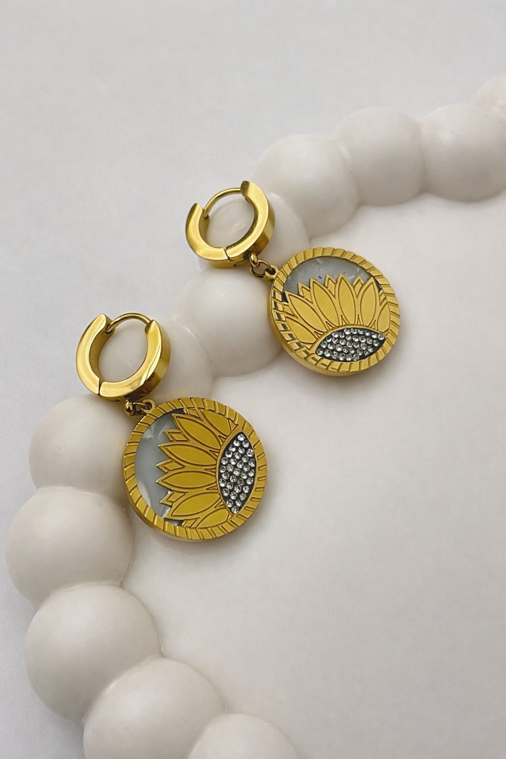 Sunflower Drop Earrings - Round Pendant Hoop Earrings with Crystal Detail