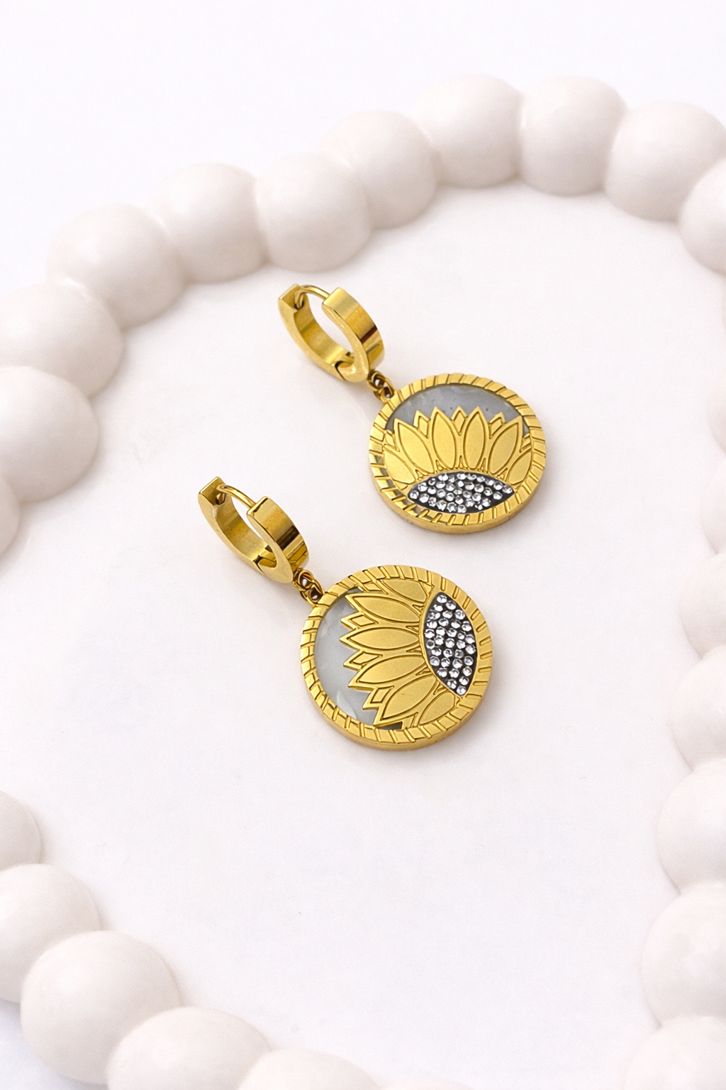 Sunflower Drop Earrings - Round Pendant Hoop Earrings with Crystal Detail