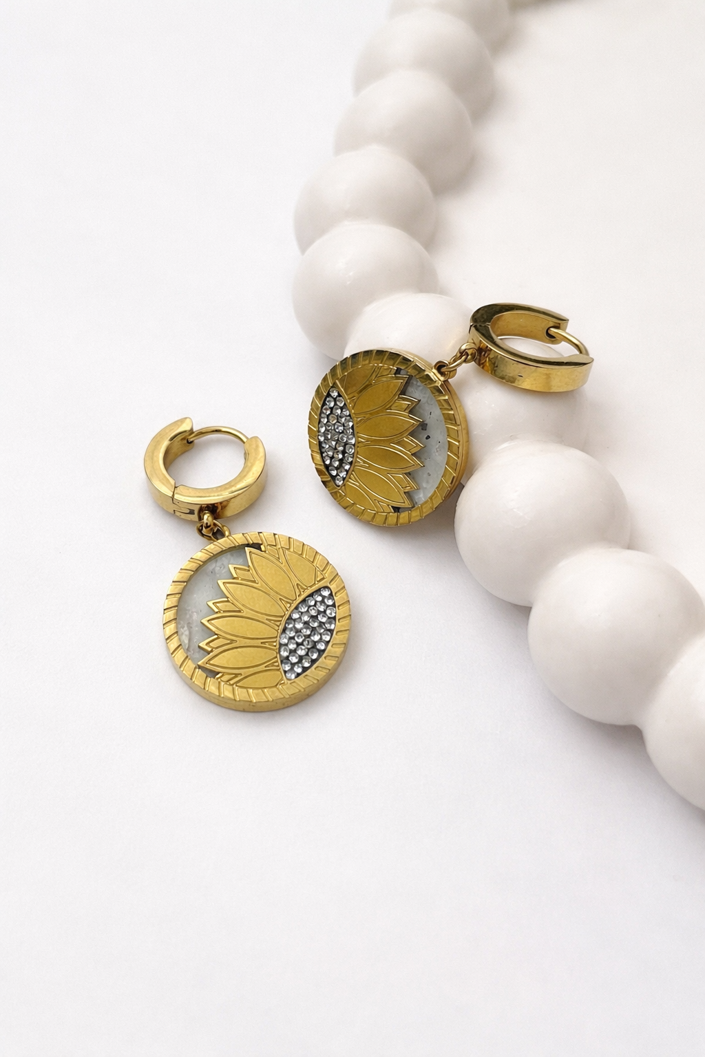Sunflower Drop Earrings - Round Pendant Hoop Earrings with Crystal Detail