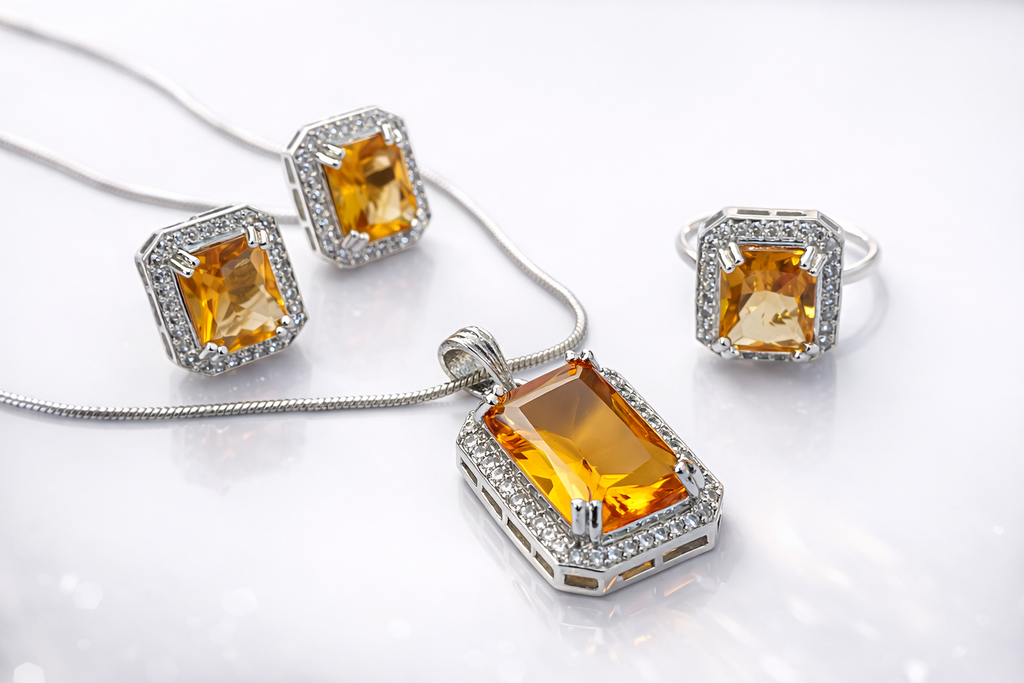 Golden Citrine Halo Jewelry Set (Necklace, Earrings & Ring)