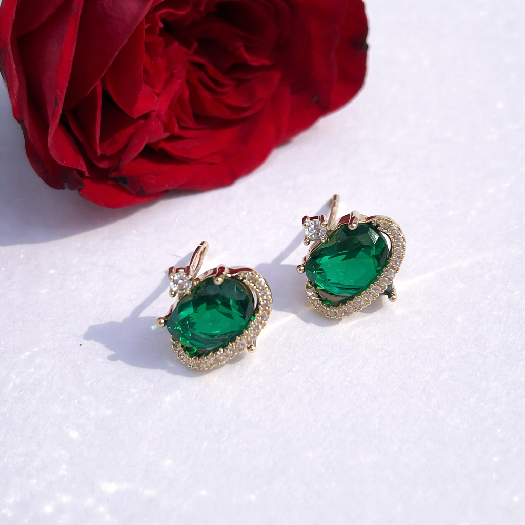 Emerald Heart Halo Stud Earrings