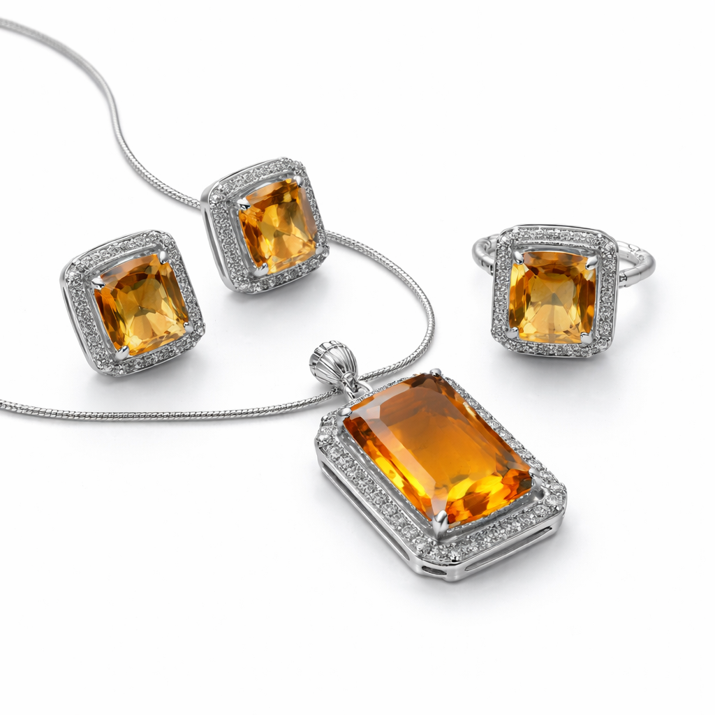Golden Citrine Halo Jewelry Set (Necklace, Earrings & Ring)