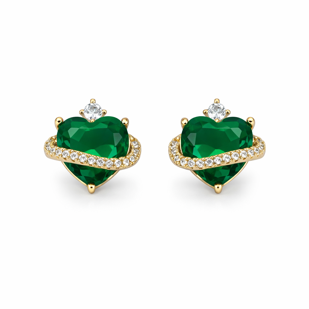 Emerald Heart Halo Stud Earrings