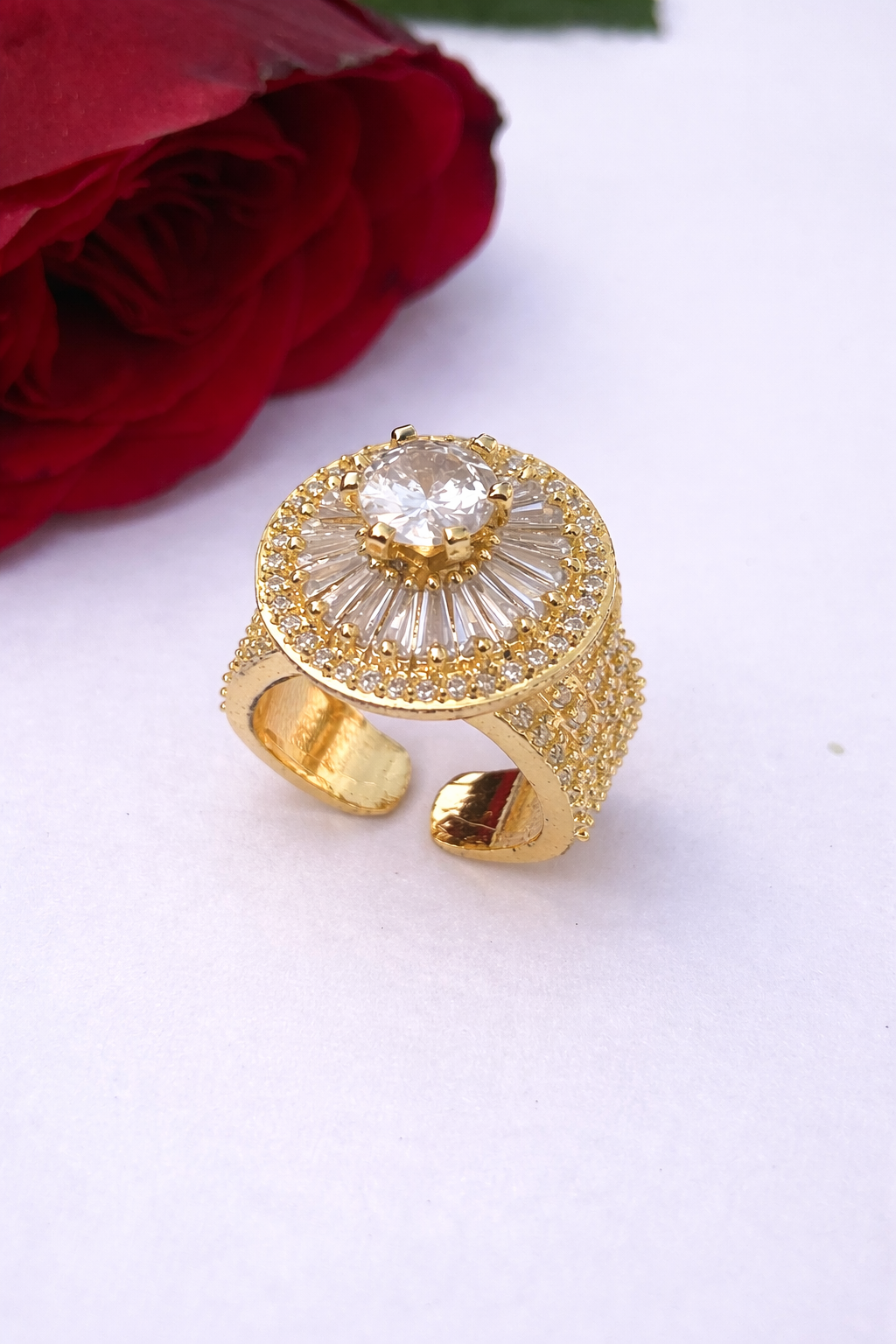 Royal Sunburst Gold Crystal Ring