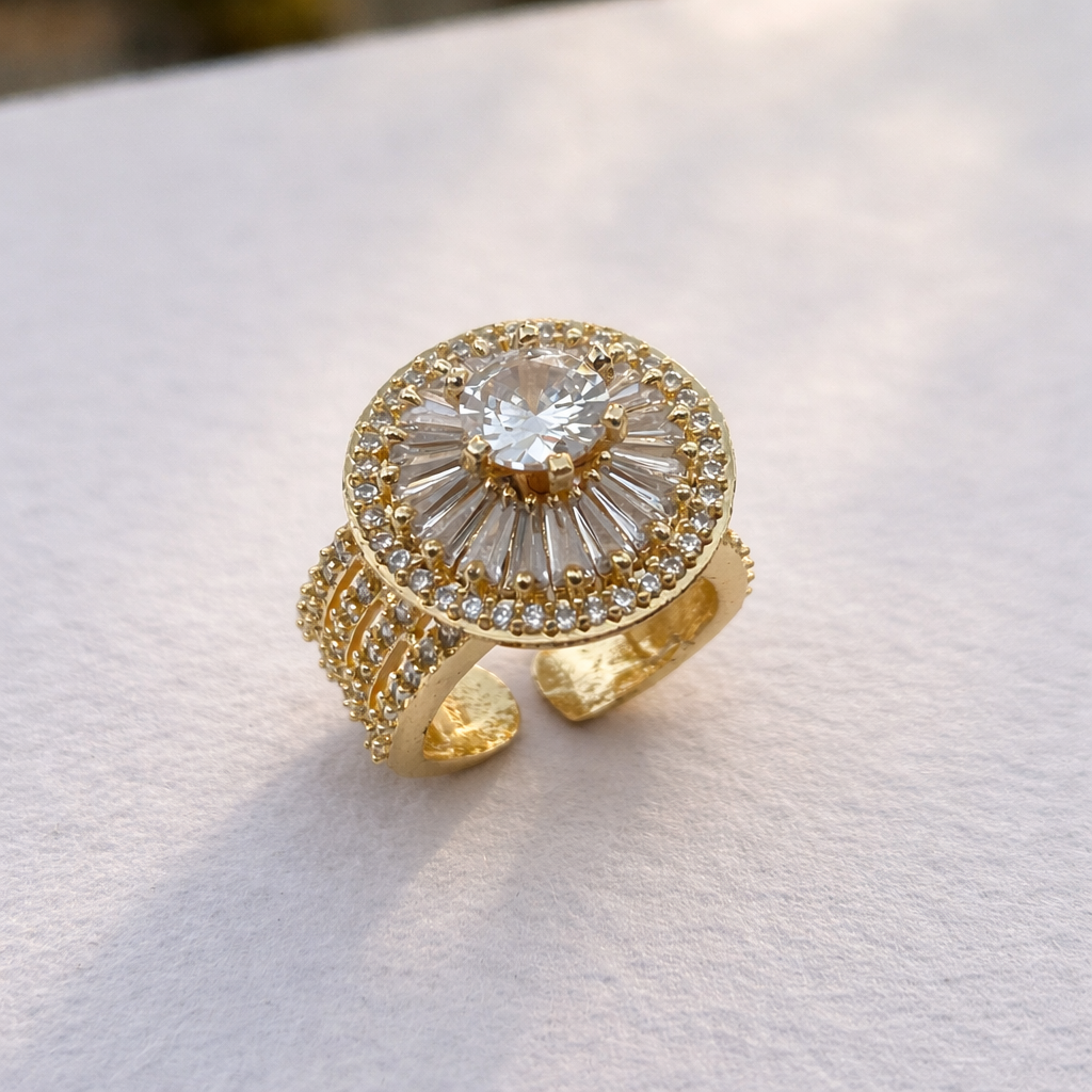Royal Sunburst Gold Crystal Ring