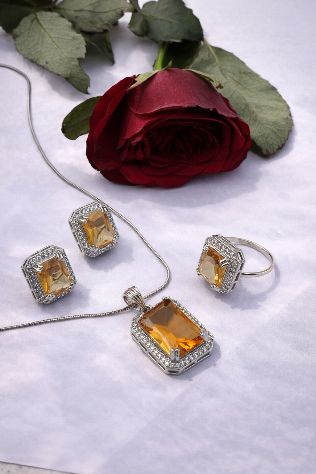 Golden Citrine Halo Jewelry Set (Necklace, Earrings & Ring)